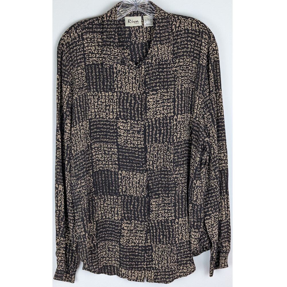 VTG Riva Silk Alphabet & Numbers Novelty Print Blouse 90s Oversized Silk Shirt L